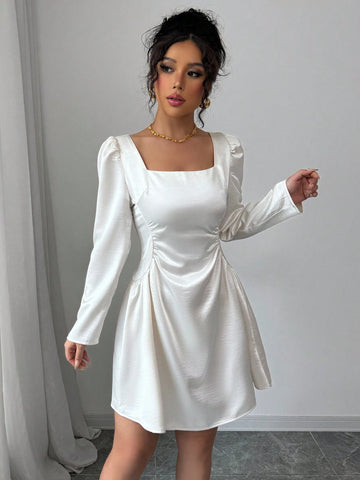 Elenzga Women's Square Neck Waist Ruched Hem A-Line Sexy Elegant Puff Sleeve Long Sleeve Holiday Party Valentine's Day Satin Glossy Mini Dress
