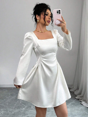 Elenzga Women's Square Neck Waist Ruched Hem A-Line Sexy Elegant Puff Sleeve Long Sleeve Holiday Party Valentine's Day Satin Glossy Mini Dress