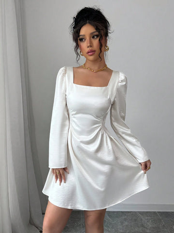 Elenzga Women's Square Neck Waist Ruched Hem A-Line Sexy Elegant Puff Sleeve Long Sleeve Holiday Party Valentine's Day Satin Glossy Mini Dress