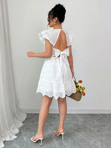Elenzga Women's Summer Backless Bowknot Mini Dress With Embroidery Floral Print