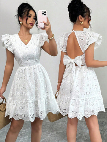 Elenzga Women's Summer Backless Bowknot Mini Dress With Embroidery Floral Print