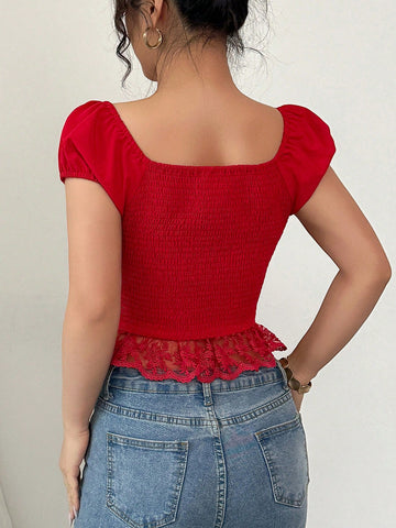 Elenzga Women's Vintage Oil Painting Niche High-End Lace Trim Blouse