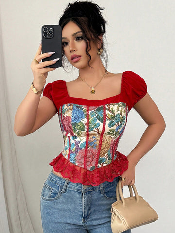 Elenzga Women's Vintage Oil Painting Niche High-End Lace Trim Blouse