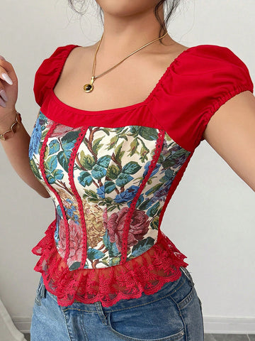 Elenzga Women's Vintage Oil Painting Niche High-End Lace Trim Blouse