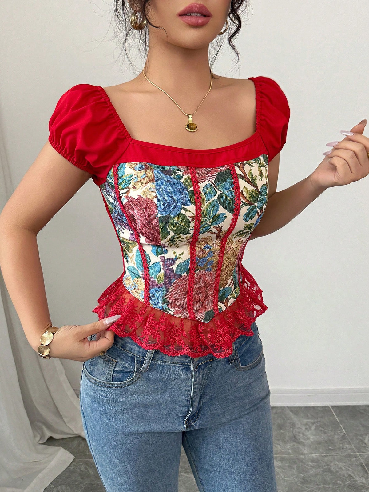 Elenzga Women's Vintage Oil Painting Niche High-End Lace Trim Blouse