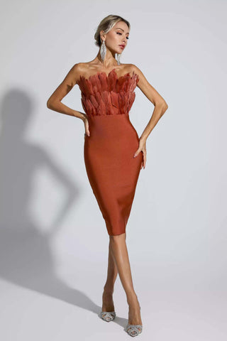Elianna Dark Brown Feather Midi Dress