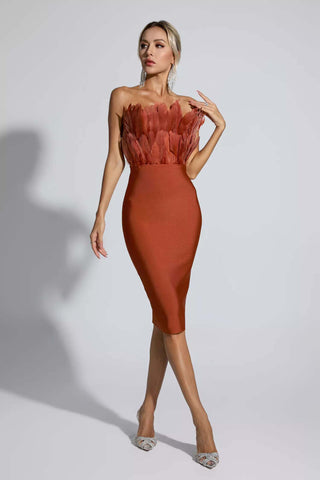 Elianna Dark Brown Feather Midi Dress