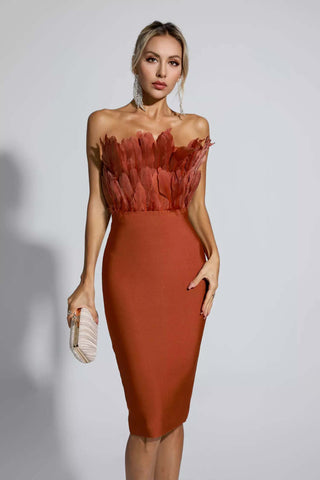 Elianna Dark Brown Feather Midi Dress