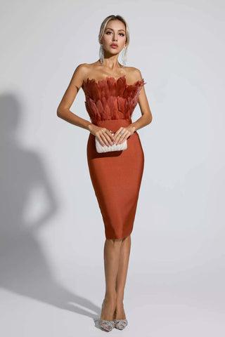 Elianna Dark Brown Feather Midi Dress
