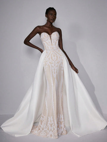 Elitara Elegant And Gorgeous White Luxury Sequin Embroidery Sexy Deep V Neck Sleeveless Detachable Large Size Skirt Long Wedding Festival Wedding Dress