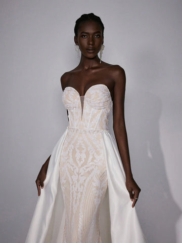 Elitara Elegant And Gorgeous White Luxury Sequin Embroidery Sexy Deep V Neck Sleeveless Detachable Large Size Skirt Long Wedding Festival Wedding Dress