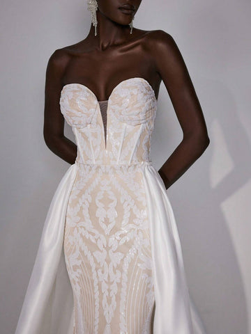 Elitara Elegant And Gorgeous White Luxury Sequin Embroidery Sexy Deep V Neck Sleeveless Detachable Large Size Skirt Long Wedding Festival Wedding Dress