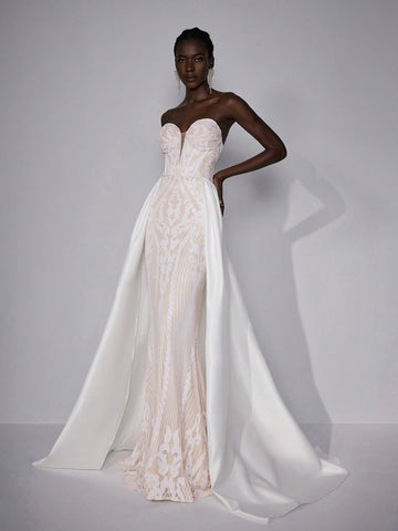 Elitara Elegant And Gorgeous White Luxury Sequin Embroidery Sexy Deep V Neck Sleeveless Detachable Large Size Skirt Long Wedding Festival Wedding Dress