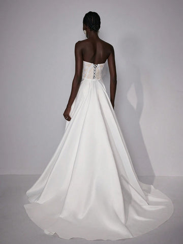 Elitara Elegant And Gorgeous White Luxury Sequin Embroidery Sexy Deep V Neck Sleeveless Detachable Large Size Skirt Long Wedding Festival Wedding Dress