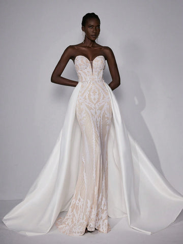 Elitara Elegant And Gorgeous White Luxury Sequin Embroidery Sexy Deep V Neck Sleeveless Detachable Large Size Skirt Long Wedding Festival Wedding Dress