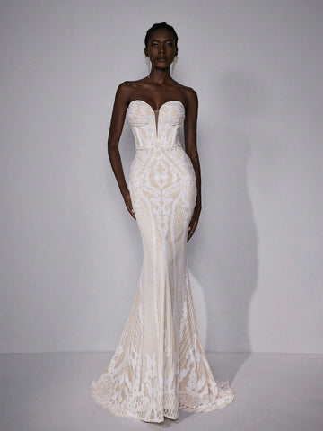 Elitara Elegant And Gorgeous White Luxury Sequin Embroidery Sexy Deep V Neck Sleeveless Detachable Large Size Skirt Long Wedding Festival Wedding Dress