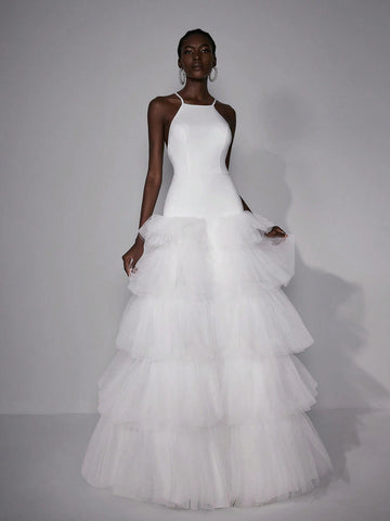 Elitara Elegant And Simple White Sexy Big Backless Super Large Cake Skirt Long Wedding Festival Women's Formal Wedding Dress