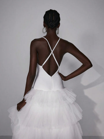 Elitara Elegant And Simple White Sexy Big Backless Super Large Cake Skirt Long Wedding Festival Women's Formal Wedding Dress