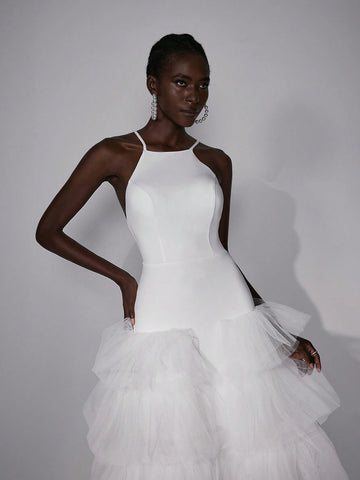 Elitara Elegant And Simple White Sexy Big Backless Super Large Cake Skirt Long Wedding Festival Women's Formal Wedding Dress