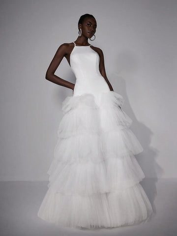 Elitara Elegant And Simple White Sexy Big Backless Super Large Cake Skirt Long Wedding Festival Women's Formal Wedding Dress