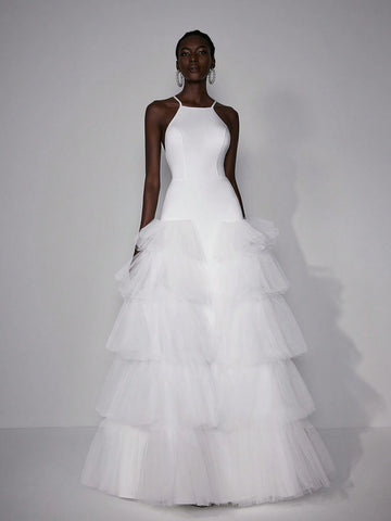 Elitara Elegant And Simple White Sexy Big Backless Super Large Cake Skirt Long Wedding Festival Women's Formal Wedding Dress