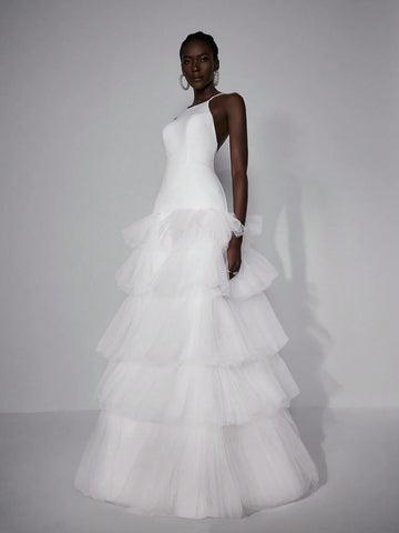 Elitara Elegant And Simple White Sexy Big Backless Super Large Cake Skirt Long Wedding Festival Women's Formal Wedding Dress