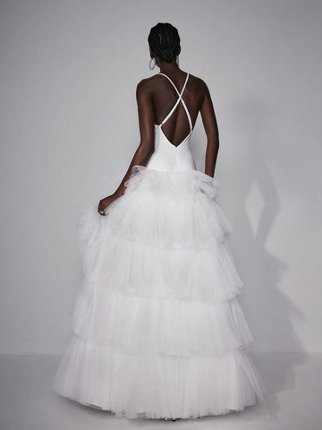 Elitara Elegant And Simple White Sexy Big Backless Super Large Cake Skirt Long Wedding Festival Women's Formal Wedding Dress