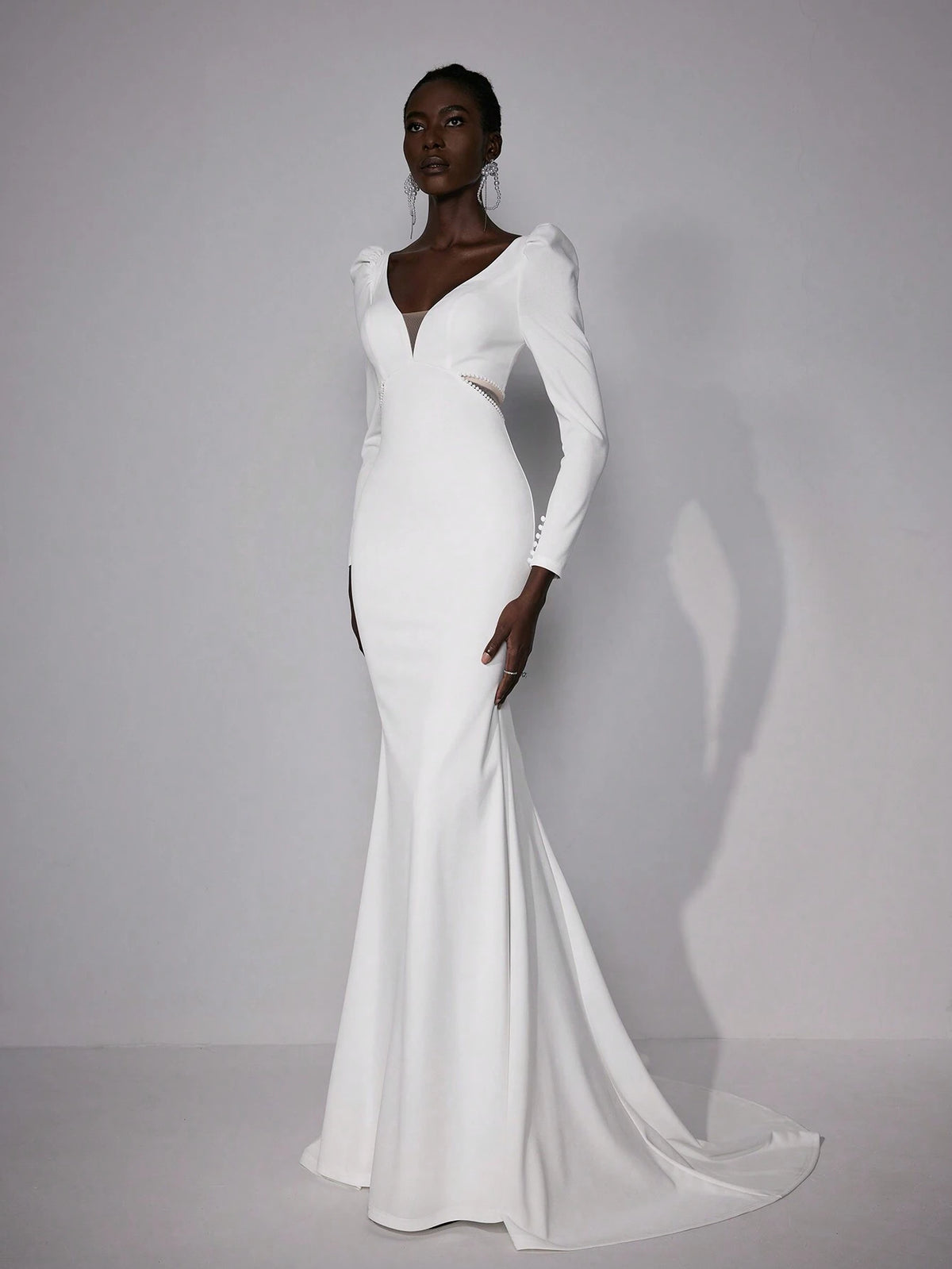 Elitara Elegant Gorgeous Luxurious Beige V Neck Long Sleeve Sheer Mesh Beaded Chain Back Hollow Stretch Knit Satin Mermaid Tail Suitable For Wedding, Prom, Bachelorette Party, Vacation, Prom Bridal Wedding Dress