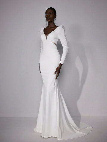 Elitara Elegant Gorgeous Luxurious Beige V Neck Long Sleeve Sheer Mesh Beaded Chain Back Hollow Stretch Knit Satin Mermaid Tail Suitable For Wedding, Prom, Bachelorette Party, Vacation, Prom Bridal Wedding Dress