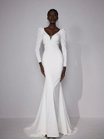 Elitara Elegant Gorgeous Luxurious Beige V Neck Long Sleeve Sheer Mesh Beaded Chain Back Hollow Stretch Knit Satin Mermaid Tail Suitable For Wedding, Prom, Bachelorette Party, Vacation, Prom Bridal Wedding Dress