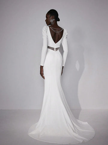 Elitara Elegant Gorgeous Luxurious Beige V Neck Long Sleeve Sheer Mesh Beaded Chain Back Hollow Stretch Knit Satin Mermaid Tail Suitable For Wedding, Prom, Bachelorette Party, Vacation, Prom Bridal Wedding Dress