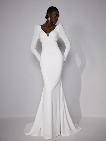 Elitara Elegant Gorgeous Luxurious Beige V Neck Long Sleeve Sheer Mesh Beaded Chain Back Hollow Stretch Knit Satin Mermaid Tail Suitable For Wedding, Prom, Bachelorette Party, Vacation, Prom Bridal Wedding Dress