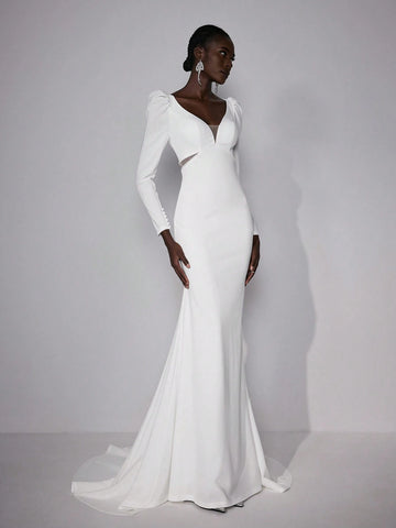 Elitara Elegant Gorgeous Luxurious Beige V Neck Long Sleeve Sheer Mesh Beaded Chain Back Hollow Stretch Knit Satin Mermaid Tail Suitable For Wedding, Prom, Bachelorette Party, Vacation, Prom Bridal Wedding Dress