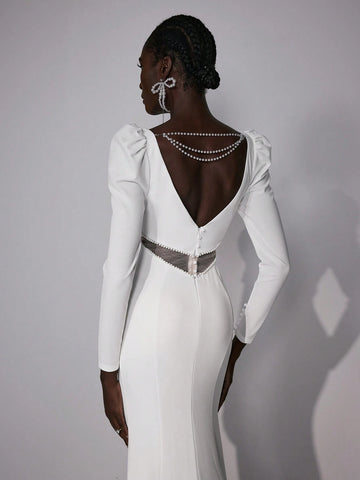 Elitara Elegant Gorgeous Luxurious Beige V Neck Long Sleeve Sheer Mesh Beaded Chain Back Hollow Stretch Knit Satin Mermaid Tail Suitable For Wedding, Prom, Bachelorette Party, Vacation, Prom Bridal Wedding Dress