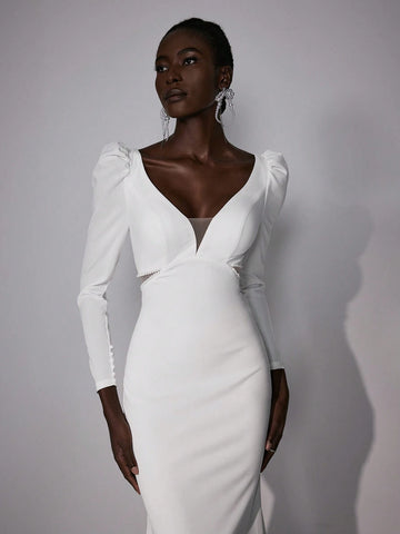 Elitara Elegant Gorgeous Luxurious Beige V Neck Long Sleeve Sheer Mesh Beaded Chain Back Hollow Stretch Knit Satin Mermaid Tail Suitable For Wedding, Prom, Bachelorette Party, Vacation, Prom Bridal Wedding Dress