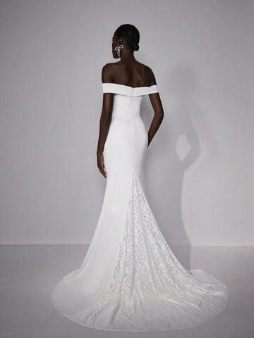 Elitara Elegant Luxurious Beige Off-Shoulder Elastic Knitted Ruched Mermaid Hem Dress With Lace Insert, Suitable For Weddings, Parties, Ceremonies, Holidays And Prom