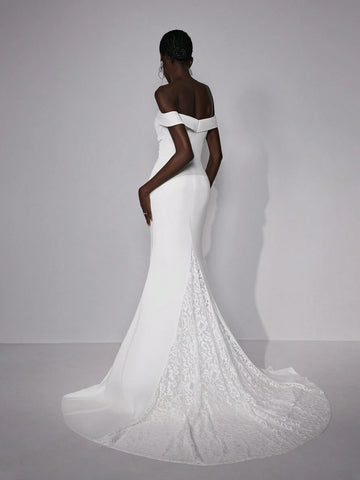 Elitara Elegant Luxurious Beige Off-Shoulder Elastic Knitted Ruched Mermaid Hem Dress With Lace Insert, Suitable For Weddings, Parties, Ceremonies, Holidays And Prom