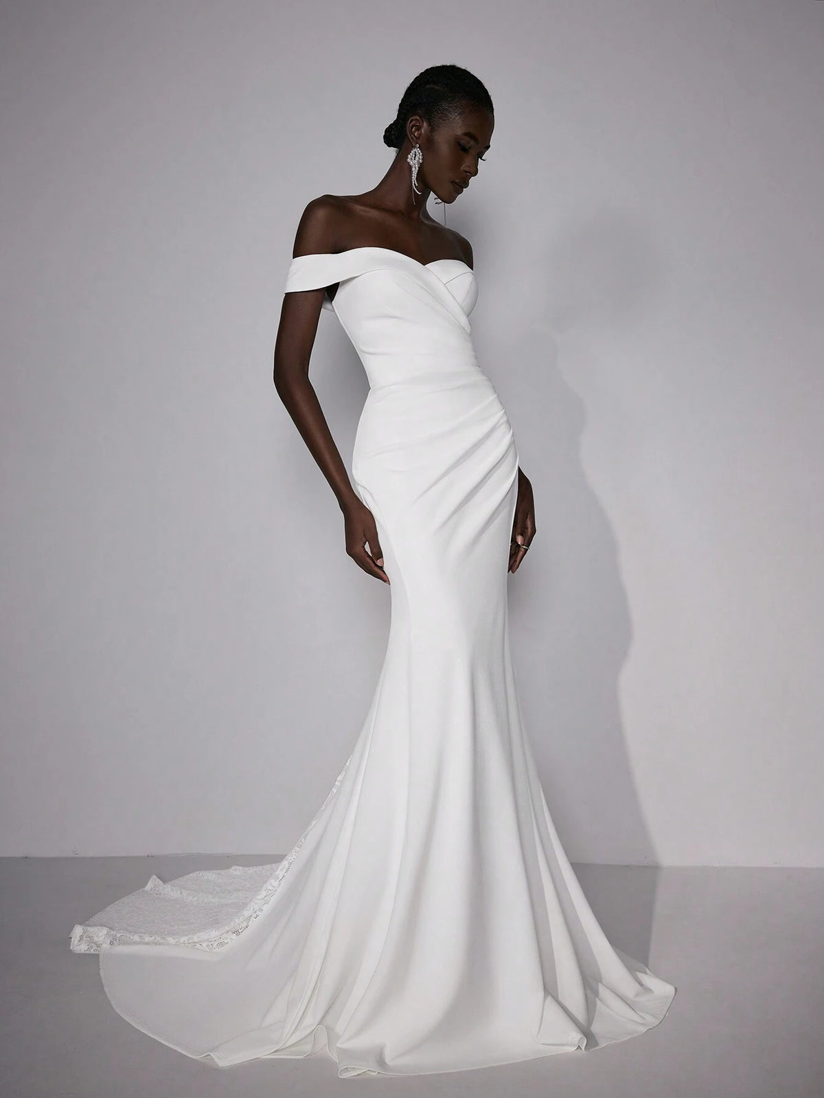 Elitara Elegant Luxurious Beige Off-Shoulder Elastic Knitted Ruched Mermaid Hem Dress With Lace Insert, Suitable For Weddings, Parties, Ceremonies, Holidays And Prom