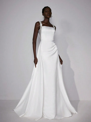 Elitara Elegant Luxurious Champagne Satin Ruffled Mermaid Maxi Dress With Bubble Hem Design, Suitable For Wedding, Bachelorette Party, Vacation, Prom, Bridal