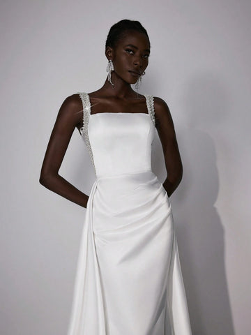 Elitara Elegant Luxurious Champagne Satin Ruffled Mermaid Maxi Dress With Bubble Hem Design, Suitable For Wedding, Bachelorette Party, Vacation, Prom, Bridal