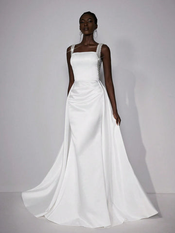 Elitara Elegant Luxurious Champagne Satin Ruffled Mermaid Maxi Dress With Bubble Hem Design, Suitable For Wedding, Bachelorette Party, Vacation, Prom, Bridal