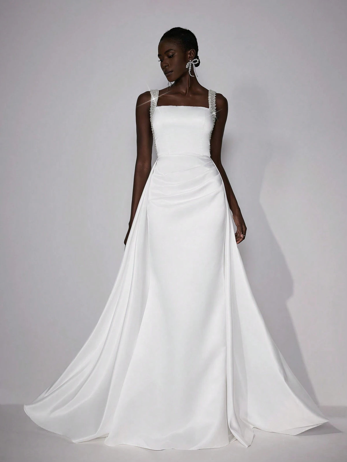 Elitara Elegant Luxurious Champagne Satin Ruffled Mermaid Maxi Dress With Bubble Hem Design, Suitable For Wedding, Bachelorette Party, Vacation, Prom, Bridal