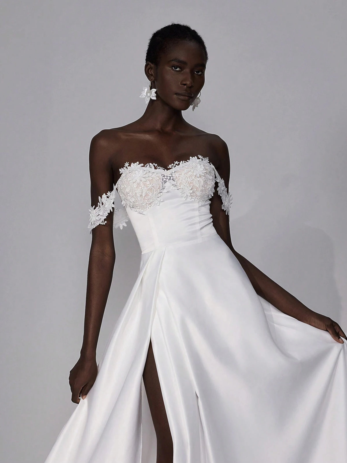 Elitara Elegant Luxurious Off Shoulder 3D Floral Satin Dress With Flared Skirt, Suitable For Wedding, Party, Bridal Shower