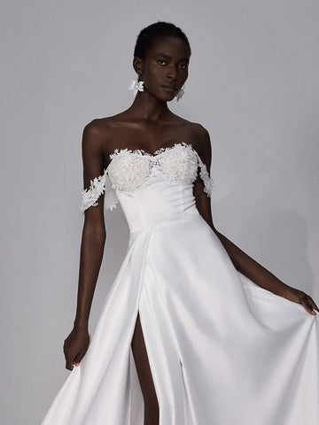 Elitara Elegant Luxurious Off Shoulder 3D Floral Satin Dress With Flared Skirt, Suitable For Wedding, Party, Bridal Shower