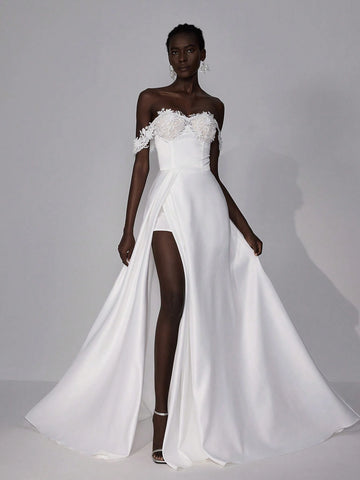 Elitara Elegant Luxurious Off Shoulder 3D Floral Satin Dress With Flared Skirt, Suitable For Wedding, Party, Bridal Shower