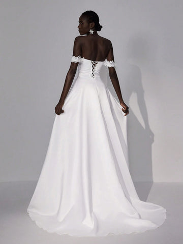 Elitara Elegant Luxurious Off Shoulder 3D Floral Satin Dress With Flared Skirt, Suitable For Wedding, Party, Bridal Shower