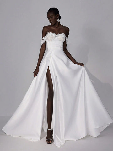 Elitara Elegant Luxurious Off Shoulder 3D Floral Satin Dress With Flared Skirt, Suitable For Wedding, Party, Bridal Shower