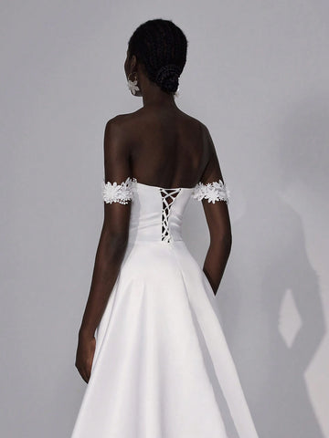 Elitara Elegant Luxurious Off Shoulder 3D Floral Satin Dress With Flared Skirt, Suitable For Wedding, Party, Bridal Shower