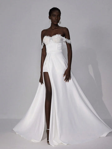 Elitara Elegant Luxurious Off Shoulder 3D Floral Satin Dress With Flared Skirt, Suitable For Wedding, Party, Bridal Shower