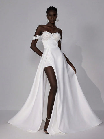 Elitara Elegant Luxurious Off Shoulder 3D Floral Satin Dress With Flared Skirt, Suitable For Wedding, Party, Bridal Shower